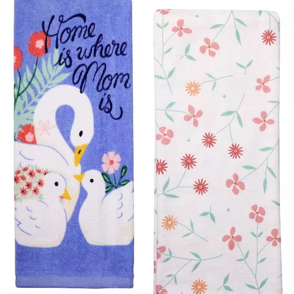 Set of 2 Home is Where Mom Is White Swan & Babies Floral Kitchen Towels Mother - Picture 2 of 4